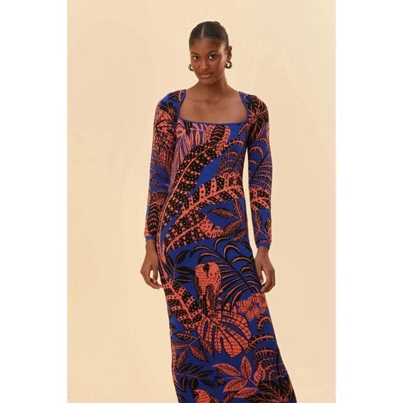 NWT FARM Rio Blue Tropical Gold Long Sleeve Dress Midi XS - Picture 1 of 8